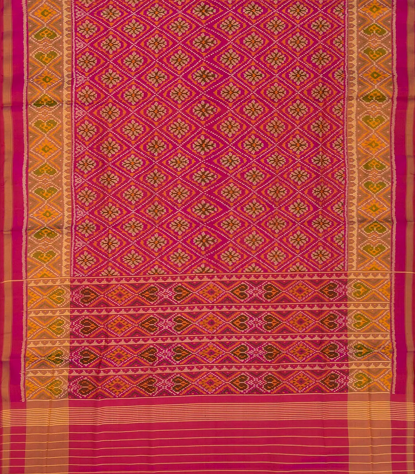 Pink Handloom Ikat Silk Saree With Diamond Floral Motifs-Pink