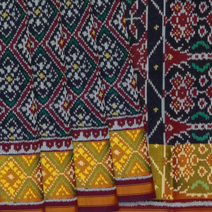 Navy Blue Handloom Ikat Silk Saree With Floral Motifs-Navy Blue