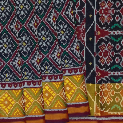 Navy Blue Handloom Ikat Silk Saree With Floral Motifs-Navy Blue