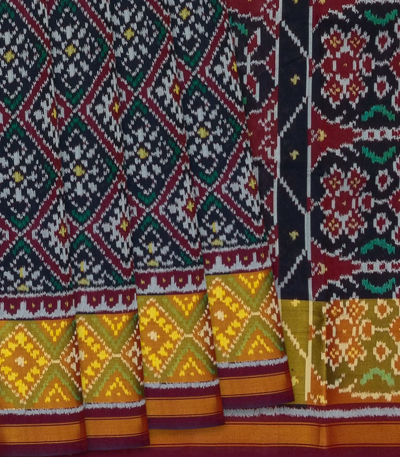 Navy Blue Handloom Ikat Silk Saree With Floral Motifs-Navy Blue