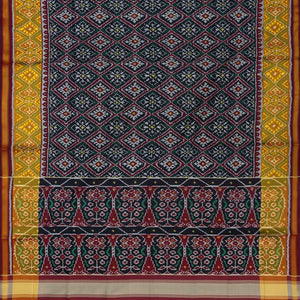 Navy Blue Handloom Ikat Silk Saree With Floral Motifs-Navy Blue