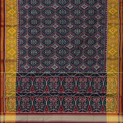 Navy Blue Handloom Ikat Silk Saree With Floral Motifs-Navy Blue