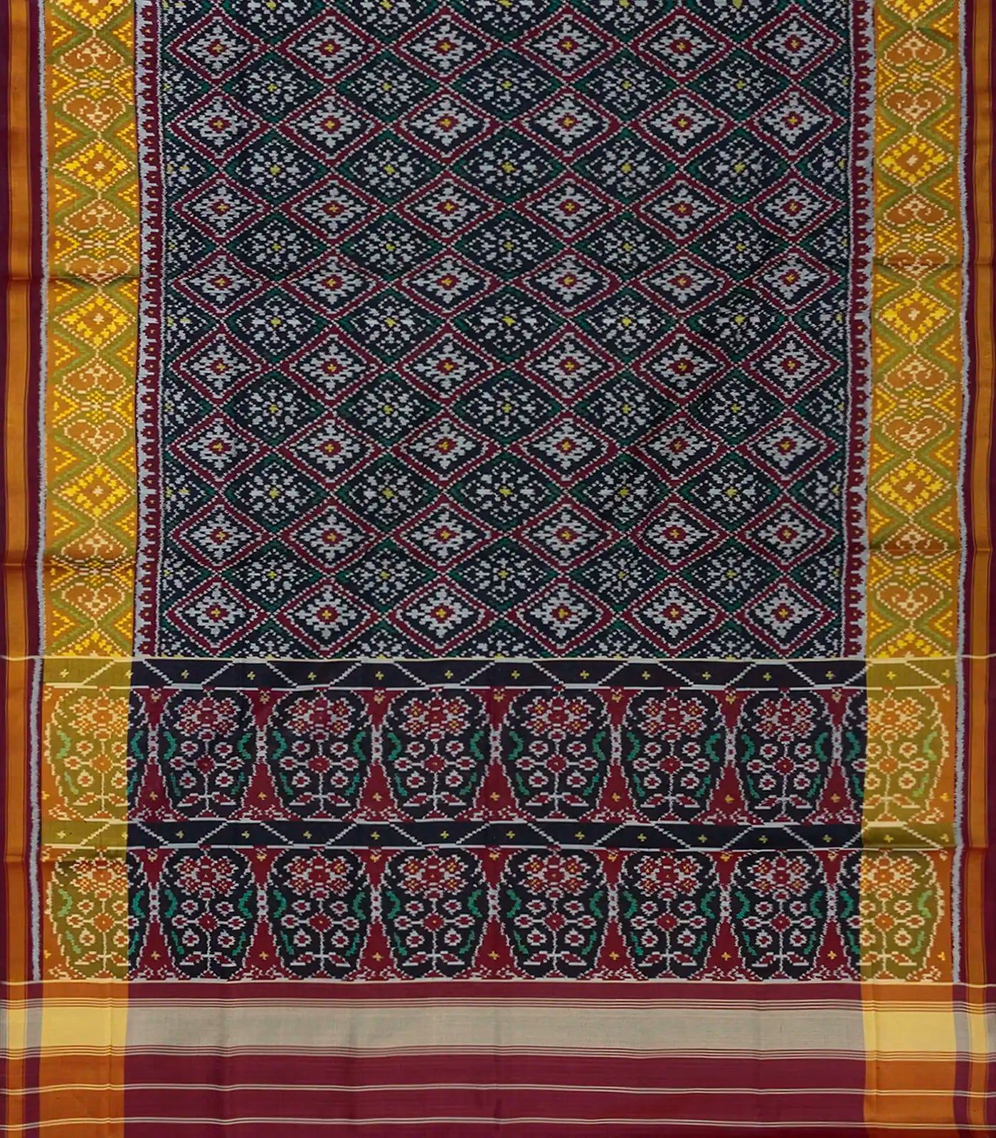 Navy Blue Handloom Ikat Silk Saree With Floral Motifs-Navy Blue