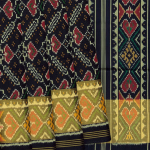 Midnight Blue Handloom Ikat Silk Saree With Floral Motifs-Midnight Blue