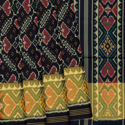 Midnight Blue Handloom Ikat Silk Saree With Floral Motifs-Midnight Blue