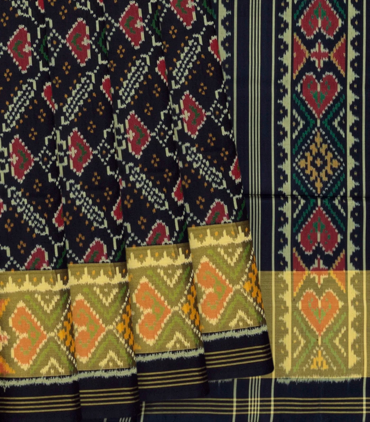 Midnight Blue Handloom Ikat Silk Saree With Floral Motifs-Midnight Blue