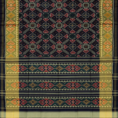 Midnight Blue Handloom Ikat Silk Saree With Floral Motifs-Midnight Blue