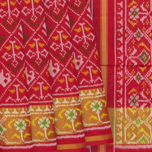 Red Handloom Ikat Silk Saree With Elephant & Bird Motifs-Red