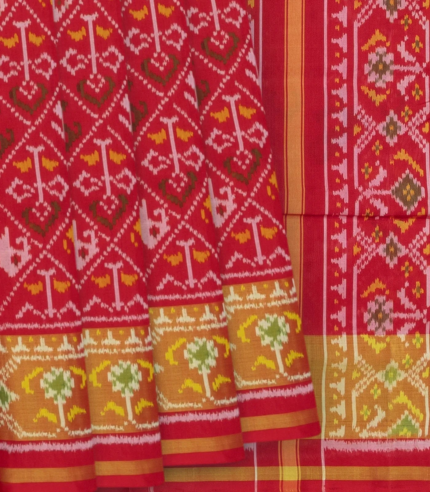 Red Handloom Ikat Silk Saree With Elephant & Bird Motifs-Red