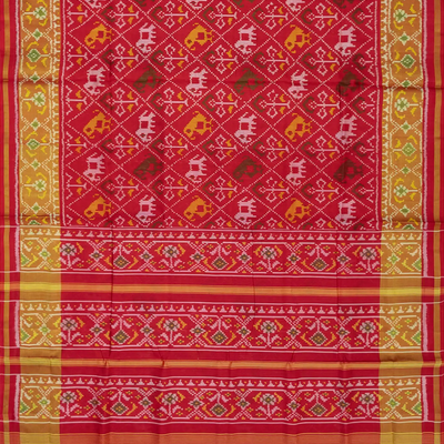 Red Handloom Ikat Silk Saree With Elephant & Bird Motifs-Red