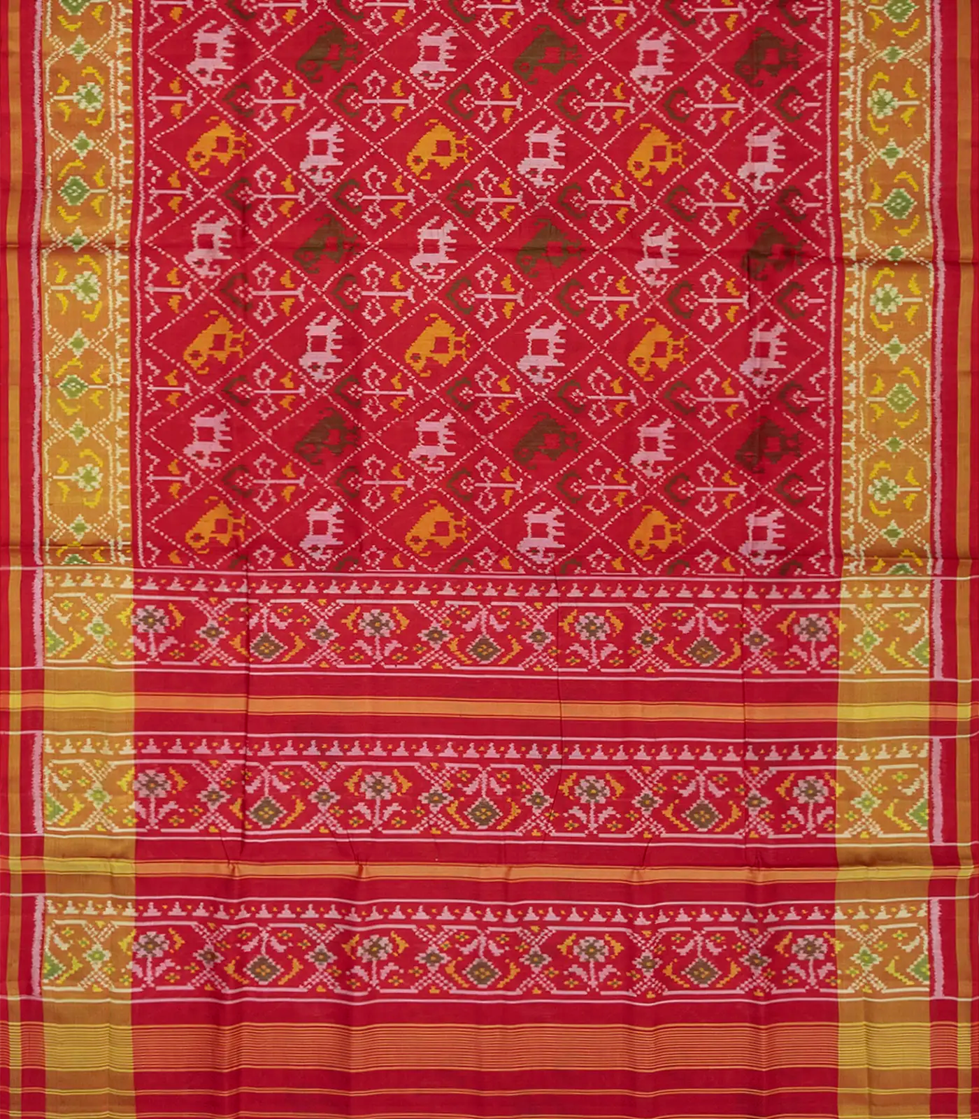 Red Handloom Ikat Silk Saree With Elephant & Bird Motifs-Red