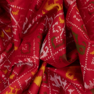 Red Handloom Ikat Silk Saree With Elephant & Bird Motifs-Red