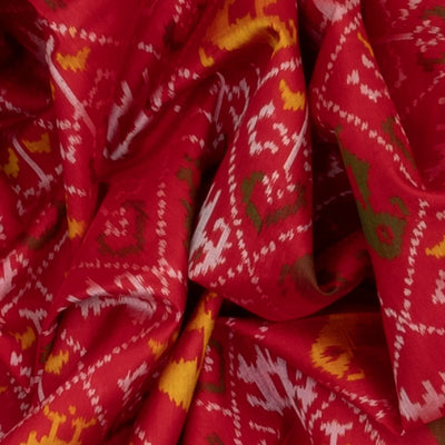 Red Handloom Ikat Silk Saree With Elephant & Bird Motifs-Red