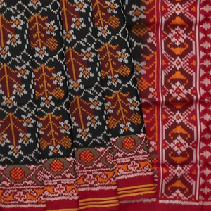 Black Handloom Double Ikat Silk Saree With Geometric Floral Motifs & Crimson Border-Black