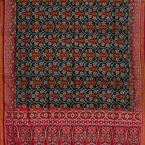 Black Handloom Double Ikat Silk Saree With Geometric Floral Motifs & Crimson Border-Black