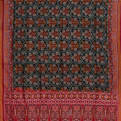 Black Handloom Double Ikat Silk Saree With Geometric Floral Motifs & Crimson Border-Black