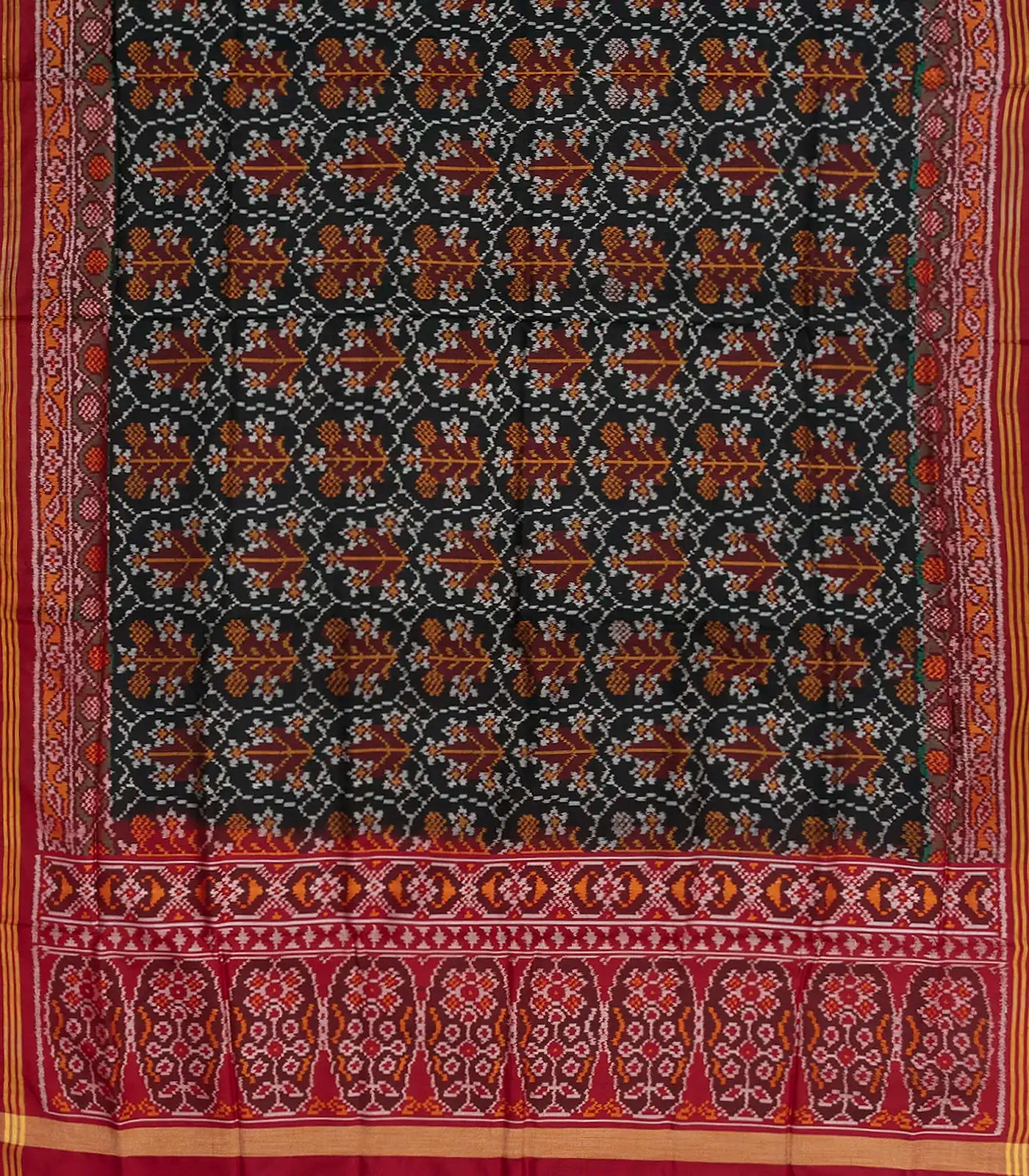 Black Handloom Double Ikat Silk Saree With Geometric Floral Motifs & Crimson Border-Black