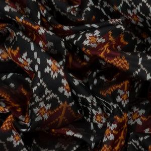 Black Handloom Double Ikat Silk Saree With Geometric Floral Motifs & Crimson Border-Black