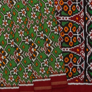 Green Handloom Double Ikat Silk Saree With Floral Vine Motifs-Green