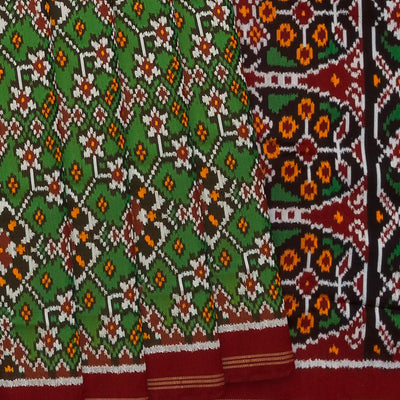 Green Handloom Double Ikat Silk Saree With Floral Vine Motifs-Green