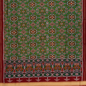 Green Handloom Double Ikat Silk Saree With Floral Vine Motifs-Green