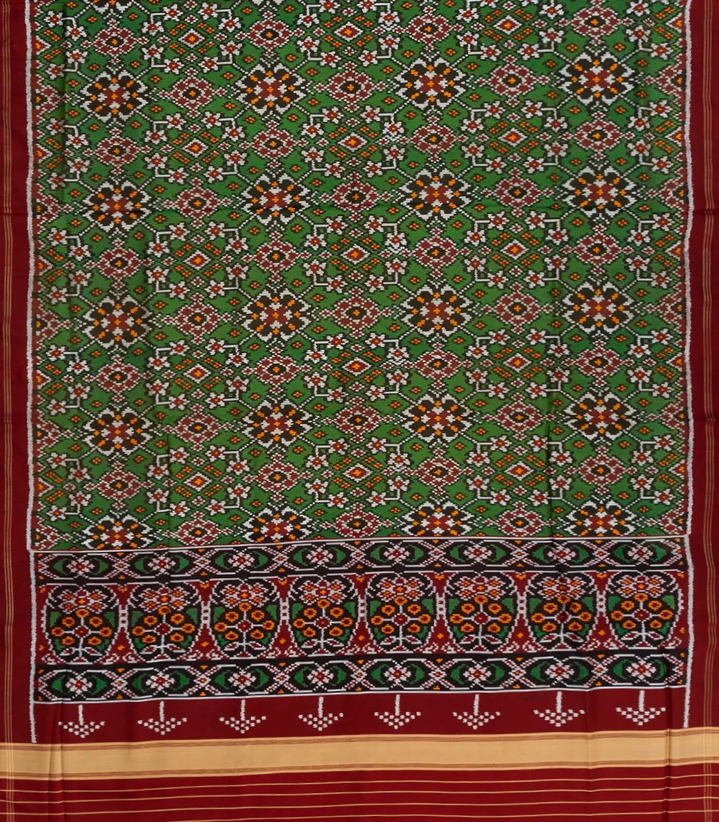 Green Handloom Double Ikat Silk Saree With Floral Vine Motifs-Green