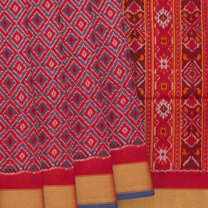 Red Handloom Single Ikat Single Saree With Diamond Motifs & Zari Border-Red