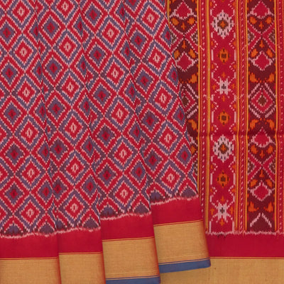Red Handloom Single Ikat Single Saree With Diamond Motifs & Zari Border-Red