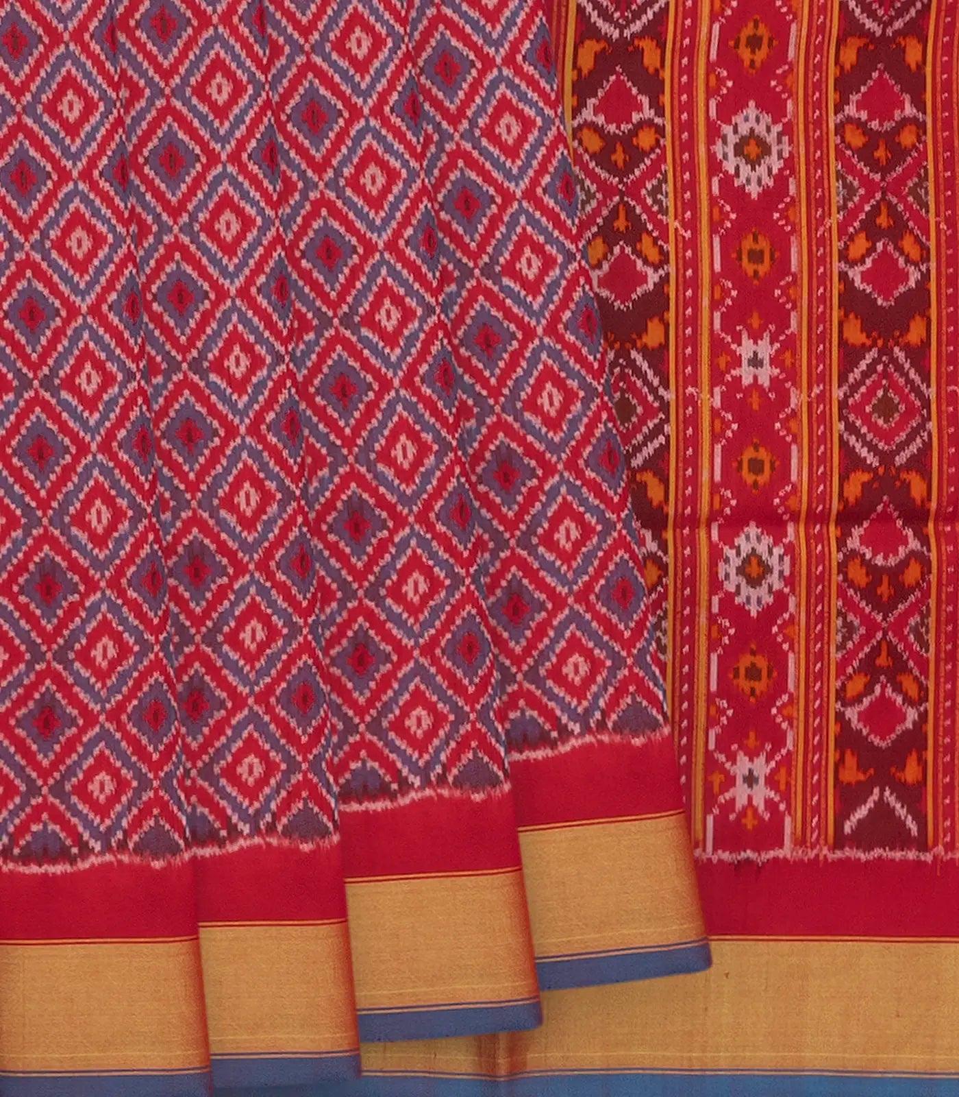 Red Handloom Single Ikat Single Saree With Diamond Motifs & Zari Border-Red