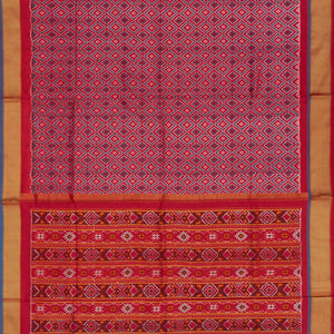 Red Handloom Single Ikat Single Saree With Diamond Motifs & Zari Border-Red