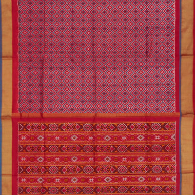 Red Handloom Single Ikat Single Saree With Diamond Motifs & Zari Border-Red