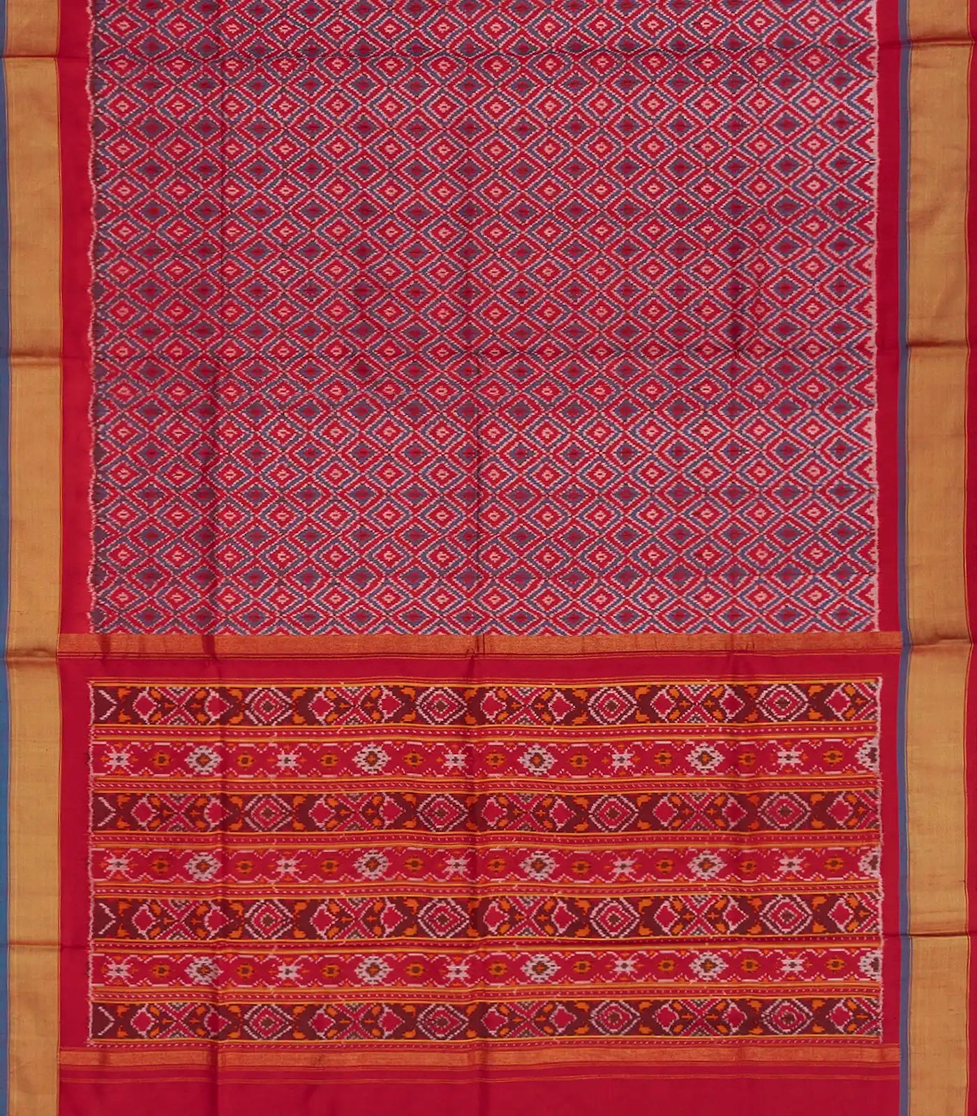 Red Handloom Single Ikat Single Saree With Diamond Motifs & Zari Border-Red