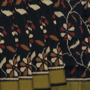 Black Handloom Single Ikat Silk With Dupion Saree Floral Vine Motifs-Black
