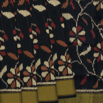 Black Handloom Single Ikat Silk With Dupion Saree Floral Vine Motifs-Black