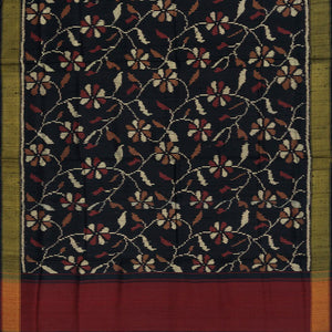Black Handloom Single Ikat Silk With Dupion Saree Floral Vine Motifs-Black