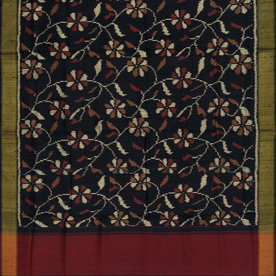 Black Handloom Single Ikat Silk With Dupion Saree Floral Vine Motifs-Black