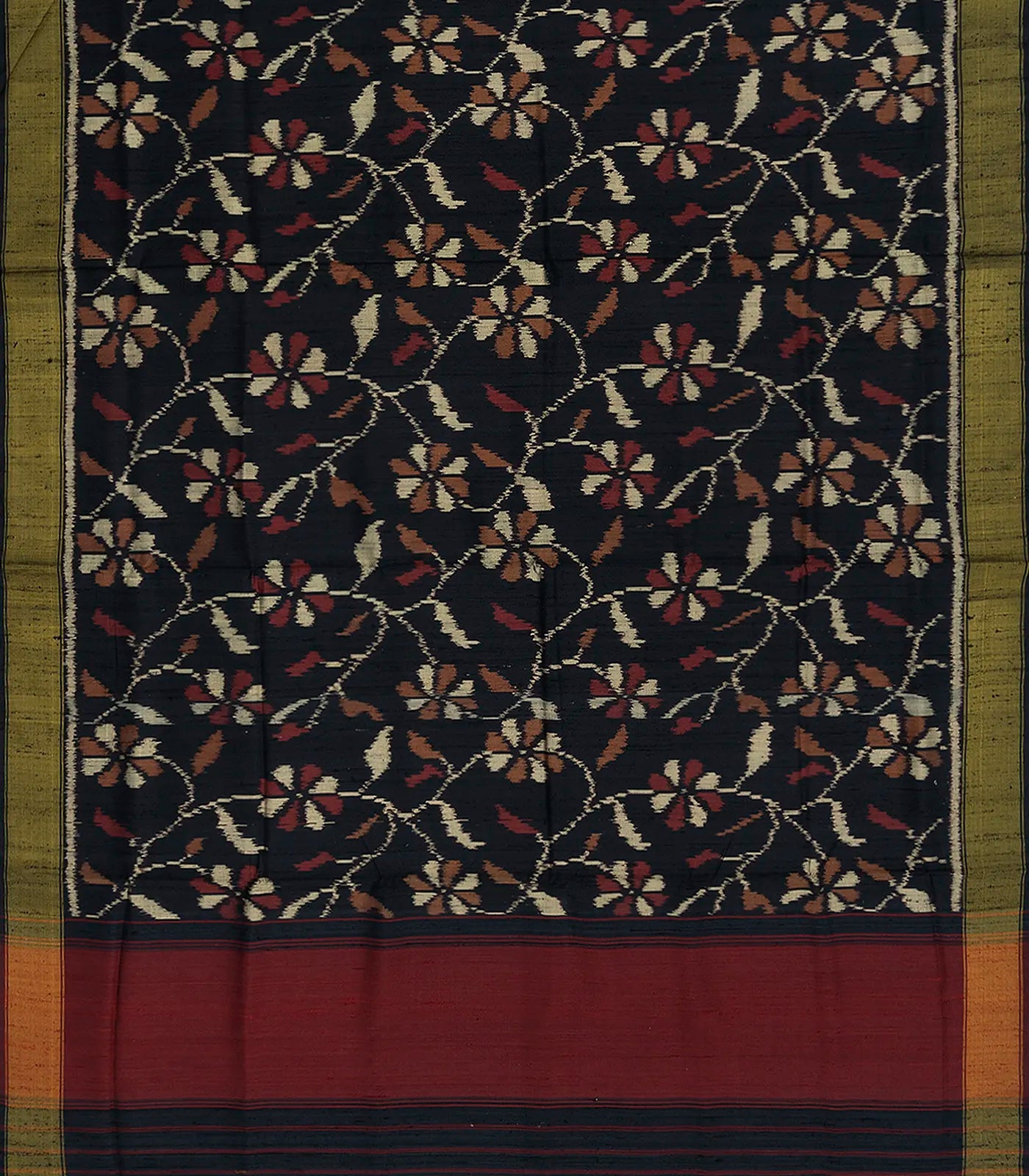 Black Handloom Single Ikat Silk With Dupion Saree Floral Vine Motifs-Black
