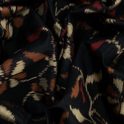 Black Handloom Single Ikat Silk With Dupion Saree Floral Vine Motifs-Black