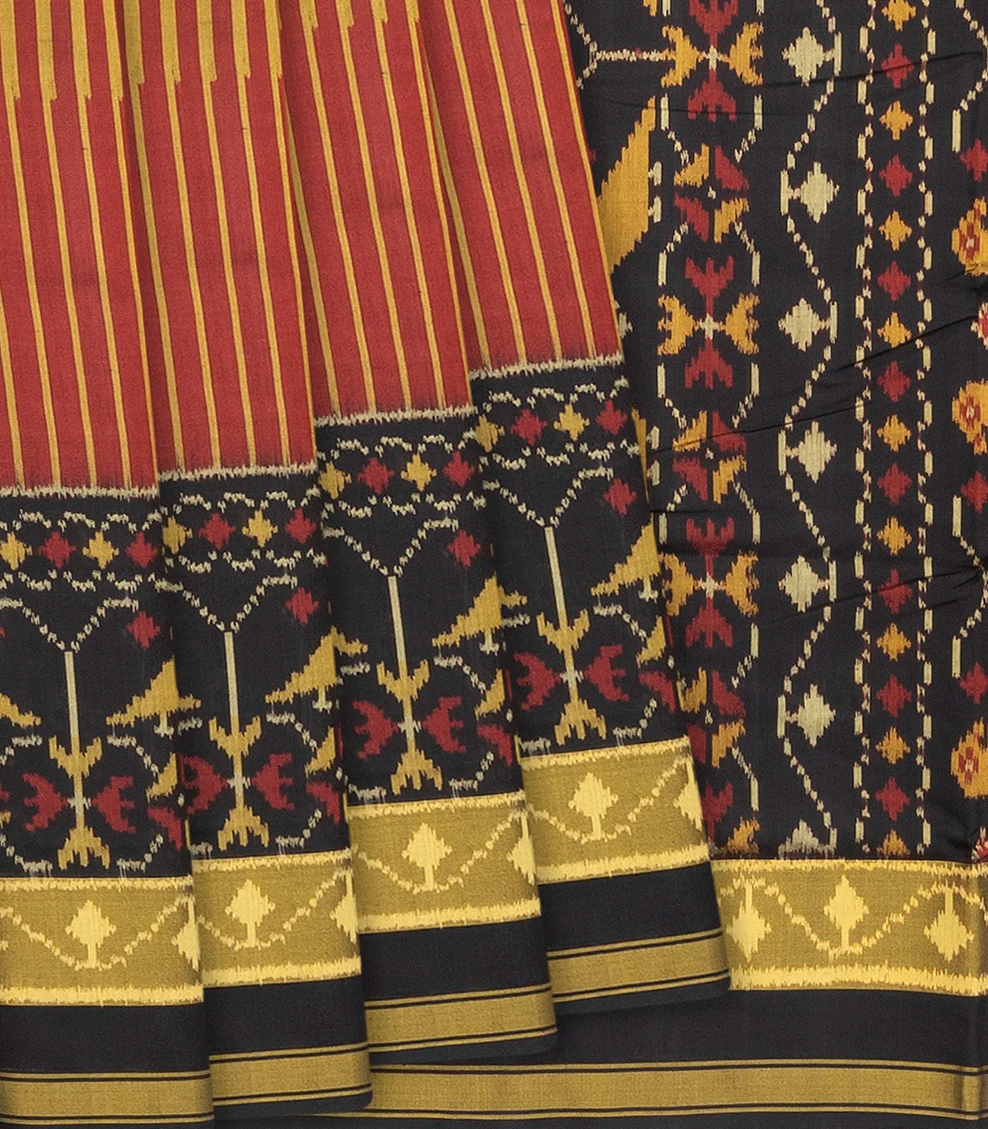 Sage Green Handloom Ikat Silk Saree With Comb Stripes & Bird Motifs-Sage Green