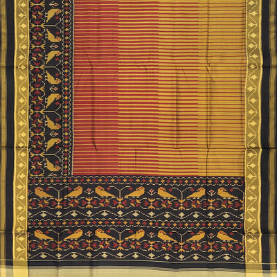 Sage Green Handloom Ikat Silk Saree With Comb Stripes & Bird Motifs-Sage Green