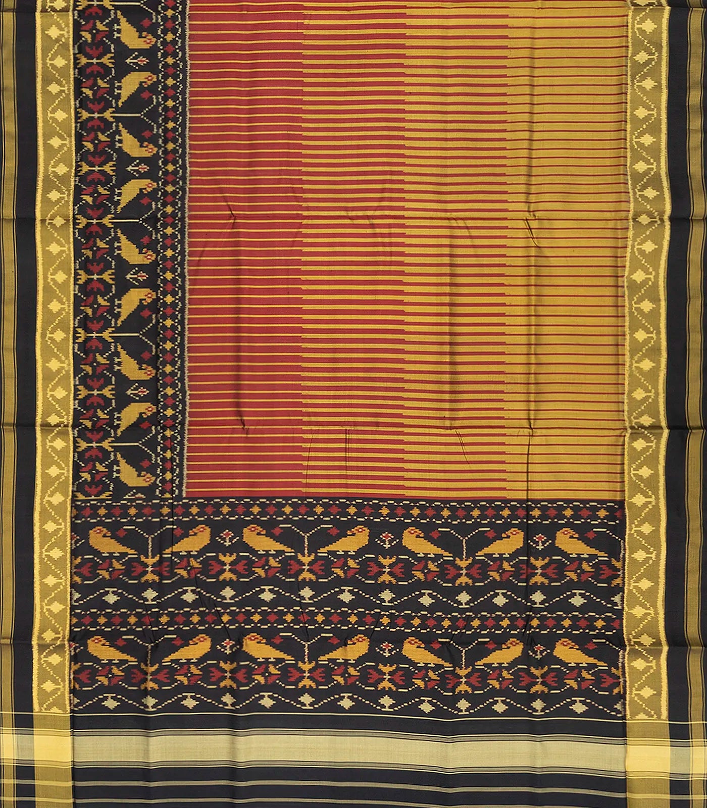 Sage Green Handloom Ikat Silk Saree With Comb Stripes & Bird Motifs-Sage Green