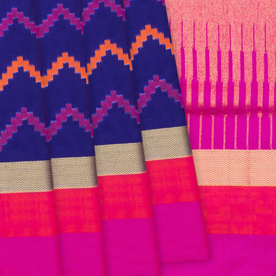 Blue Handloom Pochampally Ikat Silk Saree With Chevron Motifs-Blue