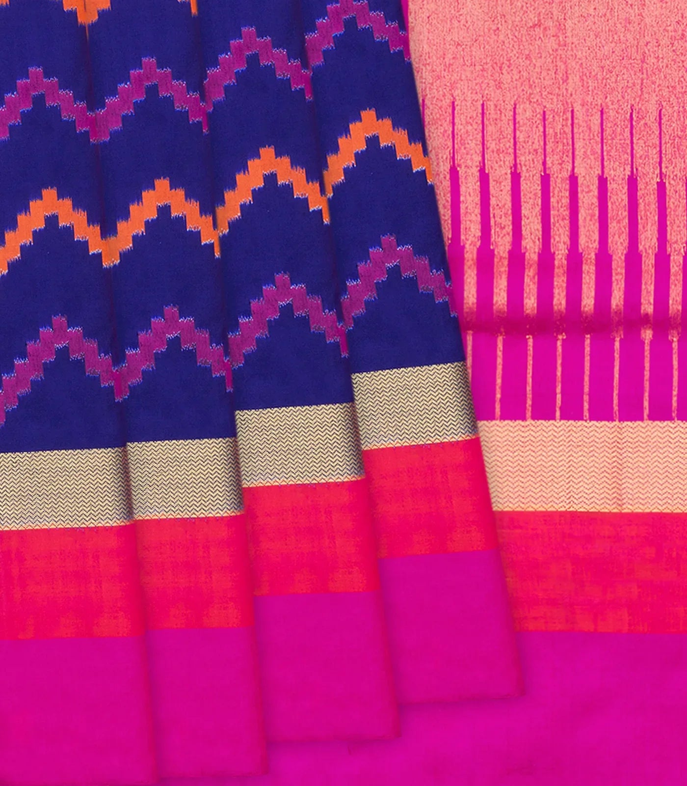 Blue Handloom Pochampally Ikat Silk Saree With Chevron Motifs-Blue