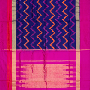Blue Handloom Pochampally Ikat Silk Saree With Chevron Motifs-Blue