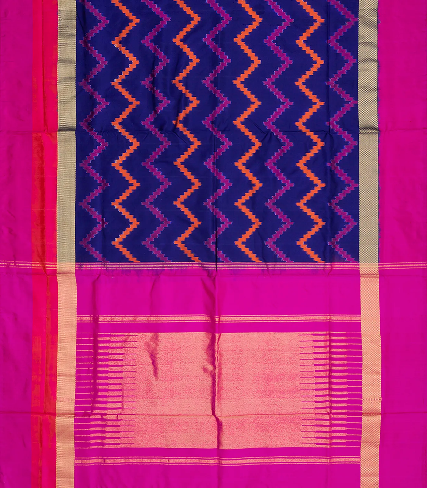 Blue Handloom Pochampally Ikat Silk Saree With Chevron Motifs-Blue
