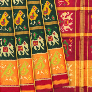 Bottle Green Handloom Patola Single Ikat Silk Saree With Elephant Motifs-Bottle Green