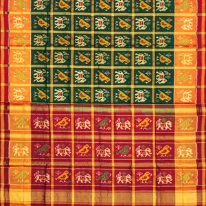 Bottle Green Handloom Patola Single Ikat Silk Saree With Elephant Motifs-Bottle Green