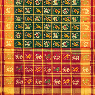 Bottle Green Handloom Patola Single Ikat Silk Saree With Elephant Motifs-Bottle Green