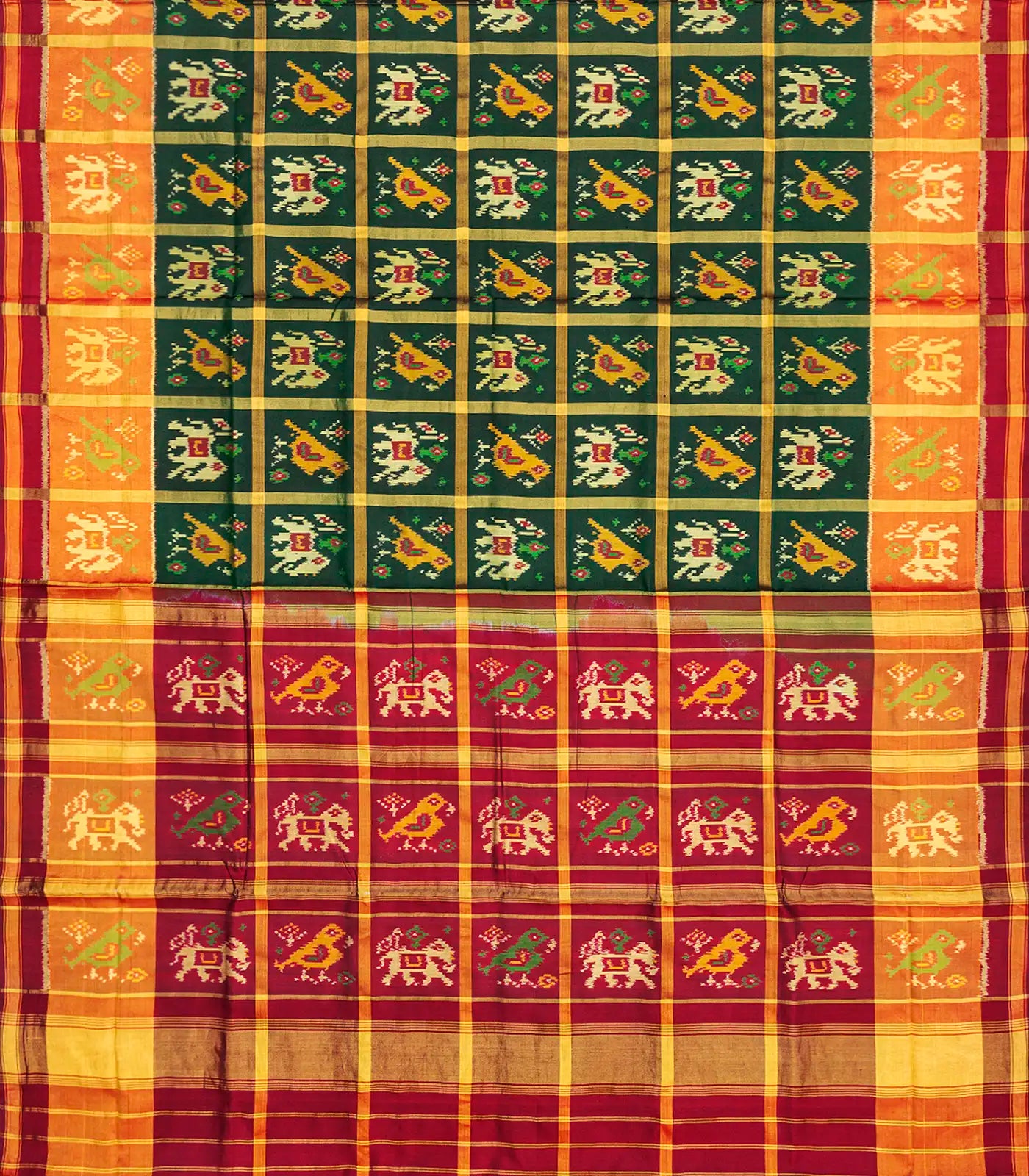 Bottle Green Handloom Patola Single Ikat Silk Saree With Elephant Motifs-Bottle Green