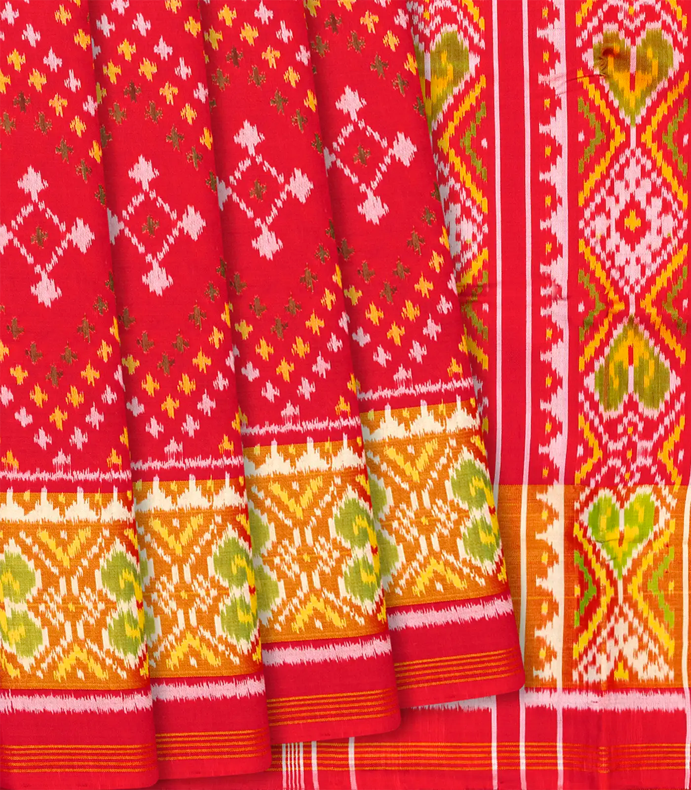 Red Handloom Patola Single Ikat Silk Saree With Diamond Motifs-Red